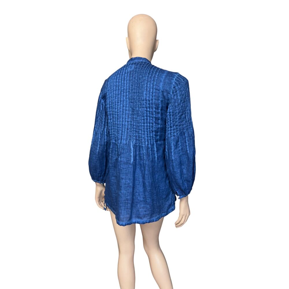 120% Lino Blue Conscious Split-Neck Linen Blouse Rhinestone Embellishment Sz M - Picture 6 of 12